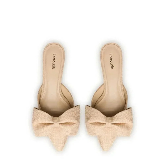 Larroude Elle Flat Mule In Beige Raffia Size 5.5 - Picture 2 of 7